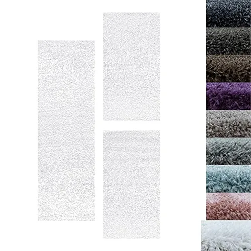 SIMPEX Bettumrandung Schlafzimmer 3teilig Shaggy Hochflor Teppich Weiss Bettset: 2 mal 80x150 + 1 mal 80x250 - Schlafzimmer Teppich 3 Teilig Läufer Extra Weich Flauschig Bettvorleger Läuferset Halı