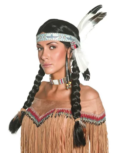 Smiffys Indianerin Perücke - Perücke für Damen mit geflochtenen Zöpfen und Feder-Stirnband, ideal für außergewöhnliche Verkleidungen. 100% Polyester, nicht hitzeresistent, Handwäsche empfohlen.