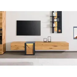 Massivmoebel24 Lowboard KITZBÜHEL - Lowboard aus massiver Wildeiche, modern und künstlerisch mit LED-Beleuchtung und einzigartigem Hirnholz-Design, ideal für stilvolle Wohnräume.