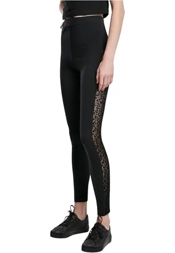 Urban Classics Damen Flock Lace Stripe Leggings, Black, XS - Stylische Damen Leggings mit Leo-Flock-Print und transparenten Mesh-Einsätzen, perfekt für einen modischen Look. Bequeme Passform mit elastischem Gummibund, ideal für Alltag und Freizeit.