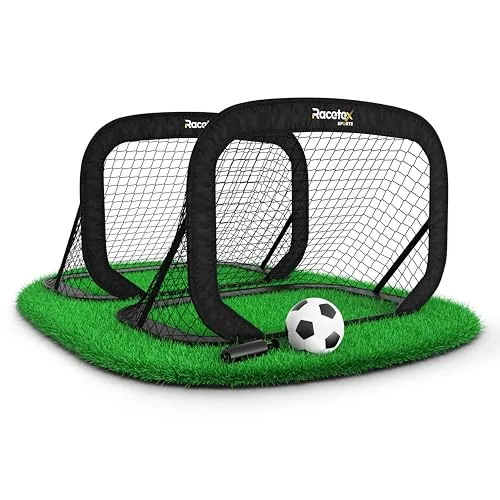 Racetex Fussballtore für Garten Kinder – 2er Set mit verstärkten Glasfaserstangen – Fußballtor Kinder inkl. Ball, Pumpe, Erdanker und Tasche zum Transportieren – Tore Fußball Kinder (Schwarz)