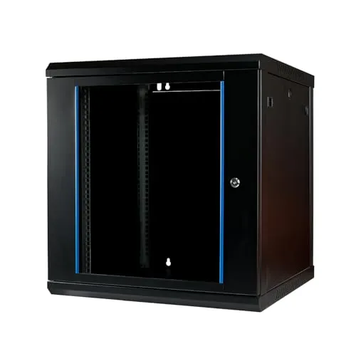 Netzwerkschrank 19 Zoll 12HE I 600 mm Tiefe I Serverschrank Schwarz I Wandmontage I abschließbare Glastür I voll montiert I 100 kg Traglast I 600×450×636 mm (Schwarz - 60cm, 12HE)