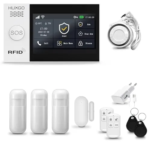 HUXGO® HXA007 Alarmanlage Haus WiFi + GSM mit Sirene | Tuya Smartlife App | Alarm System mit Drahtloser Fenstersensor, 3X Bewegungsmelder | Alarmanlage für Wohnung, Garage