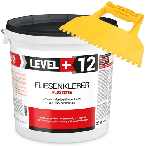 SET 25Kg Fertig-Fliesenkleber Flex + Kunststoffzahnspachtel RM12 - Boden- & Wandfliesen: Wasserabweichend, elastisch und frostsicher – ideal für Innen- und Außenanwendungen. Perfekt für Fliesenverlegung in Dusche, Küche und mehr.