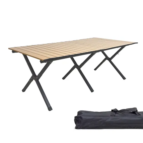 Grafner XXL Campingtisch klappbar in Holzoptik, 118 x 58 x 43 cm - Camping-Möbel mit innovativer Rolltechnik für schnellen Aufbau und Abbau. Stabil und tragbar bis 50 kg, ideal für bis zu 6 Personen. Kompakt verstaut in der praktischen Tragetasche.