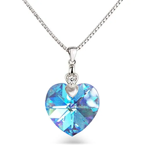 Schöner-SD Damen Kette Herz 925 Silber mit Aquamarin Kristall - Elegante Damen Kette aus 925 Silber mit glitzerndem Aquamarin Herzanhänger. Flexibel einstellbar von 45cm bis 50cm, hypoallergen und anlaufgeschützt für langanhaltenden Glanz.