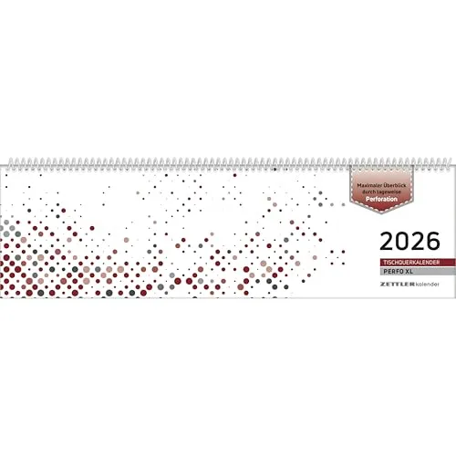Zettler Tischquerkalender 1W/2S Perfo XL Rot 2026 – Bürokalender 36x11 cm, Wochenkalender mit 1 Woche auf 2 Seiten, deutschem Kalendarium, Stundeneinteilung 7–20 Uhr, perforierte Tagesblätter