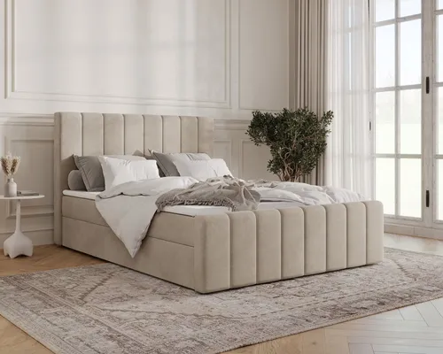 Beige Boxspringbett mit Topper und Bettkasten – Komfortabel und stilvoll - Erhältlich in 144/164/184 cm Breite, mit praktischem Bettkasten für Stauraum. Hochwertiger Manila-Velours-Bezug sorgt für elegantes Design und Pflegeleichtigkeit. Genießen Sie erholsamen Schlaf in diesem modernen Boxspringbett.