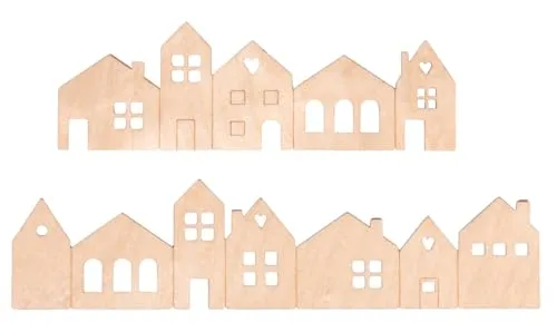 Rayher Holz Silhouette Mini-Häuser, Furnierholz, natur, 4 Häuserreihen, 2 Stück 10,6 lang, 2 Stück 14 cm lang, Höhe 3,4 cm, hauchdünn, Stärke 1 mm, Holzhäuser-Silhouette, 46754505