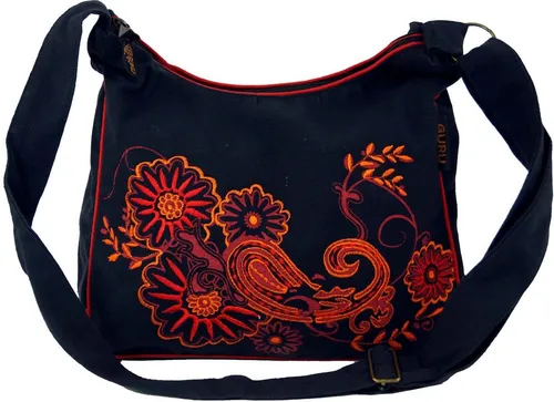 Schultertasche - Hippie Tasche in Schwarz/Rot, 23x28x12 cm - Damentaschen aus 100% Baumwolle, fair gehandelt in Nepal. Mit 3 Fächern und verstellbarem Gurt ist diese Ethno-Tasche ideal für jeden Anlass.