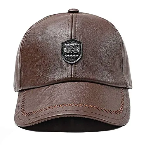 Unisex PU Leder Baseballmütze Winter Ohrenschutz Basecap Kappe (Braun)