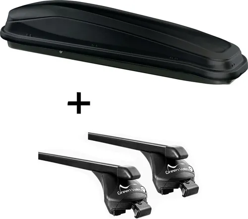Dachbox JUEASY300 300L schwarz + Relingträger Quick Stahl L für VW Golf Alltrack - Praktisches Set mit 300L Dachbox und passendem Relingträger für VW Golf Alltrack ab 2015. Ideal für bis zu 6 Skier oder 2 Snowboards. Einfache Montage und viel Stauraum für Reisen.