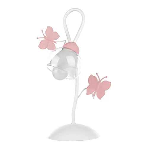ONLI Tischleuchte Schmetterlinge - Metall & Glas, 6 W - Kinderlampe mit einem weißen Metallrahmen und rosa Schmetterlingen, ideal für das Kinderzimmer. Der transparente Lampenschirm sorgt für sanftes Licht.
