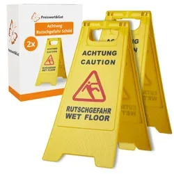 Achtung Rutschgefahr Schild – Warnschild für Nässe und Glätte | Vorsicht Rutschgefahr Aufsteller mit Piktogramm - Größe 60 cm x 21/30 cm 2 x