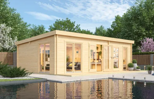Fjordholz Gartenhaus Modell Henning 70 - Massives Gartenhaus mit 70mm starken Wandbohlen aus nordischer Fichte. Ideal für den professionellen Einsatz, mit hochwertiger Ausstattung und stabiler Dachkonstruktion für jede Wetterlage.