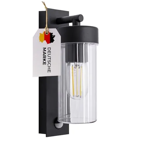 max K O M F O R T LED Außenwandleuchte mit Bewegungsmelder E27 Schwarz IP44 - Wetterfeste Sensor-Wandlampe für Außenbereich mit automatischer Lichtsteuerung. Integrierter Bewegungsmelder sorgt für Sicherheit und individuelle Lichtgestaltung mit E27-Fassung.