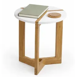 Bambus Beistelltisch rund – eleganter Couchtisch für Wohnzimmer & Schlafzimmer Ø 40 cm – Weiß-Natur - Vielseitiger Beistelltisch aus massivem Bambus, ideal als Ablage für Getränke oder Dekoration. Pflegeleicht und schnell montierbar – der perfekte Akzent für jeden Wohnstil.