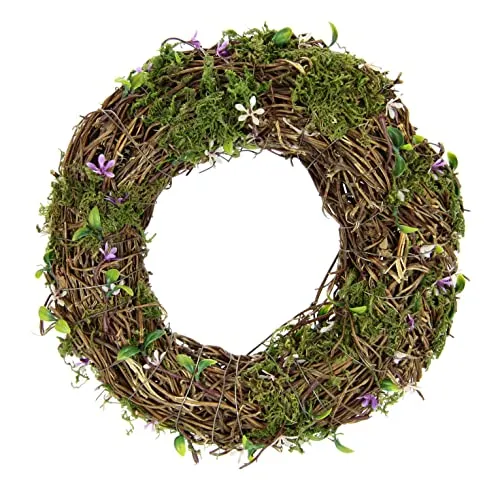 Flair Flower Kranz mit Blätter und Moos Weidenkranz romantische Deko Blumenkranz Rattankranz Dekokranz Kerzenkranz Kunstblumendeko Landhaus Kränze Rohling Osterdeko Frühjahr Frühling, ca. 25x25x6 cm