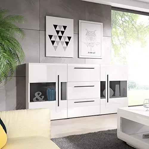 Sideboard Vitrine weiß Hochglanz, modern mit Softclose - Kommode im modernen Design mit hochglänzender Oberfläche und Softclose-Funktion. Ideal für stilvolle Wohnräume, bietet viel Stauraum und ist einfach selbst zu montieren.