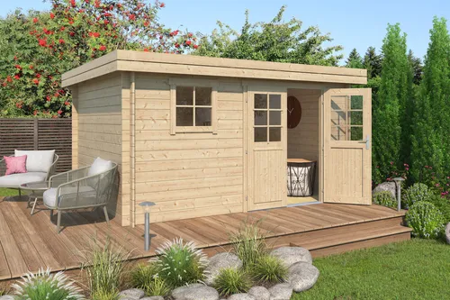 Fjordholz Gartenhaus Modell Linz 28 D – Massivholz für Ihren Garten - Robustes Flachdachgartenhaus aus 28mm nordischer Fichte, inkl. hochwertiger Doppeltür und feststehendem Fenster. Ideal für individuelle Gestaltungsmöglichkeiten und langlebige Nutzung.