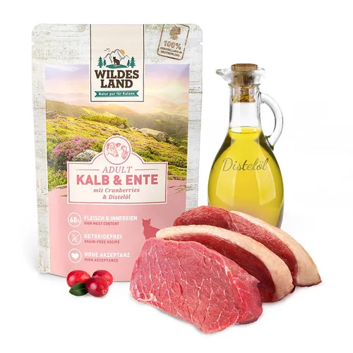 Katzenfutter Wildes Land Classic Adult Kalb & Ente mit Distelöl Nassfutter 100g