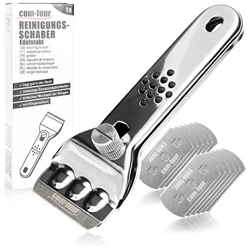 com-four® Ceranfeldschaber mit 12 Klingen - Glasschaber rostfrei für die Küche - Zeranfeldkratzer mit rutschfestem Griff und Klingenschutz - Kochfeldschaber, Herdschaber (01 Stück + 12 Klingen)