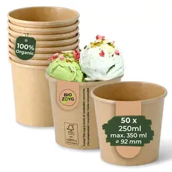 BIOZOYG 50 Stück Eisbecher Pappe 250 ml braun - umweltfreundlich, recycelbar, plastikfrei - Joghurtbecher, Papierbecher