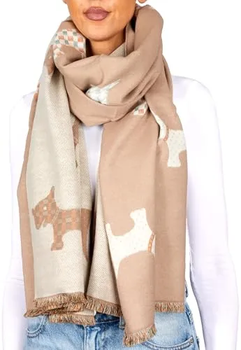BRUBAKER Cashmirillo Damen Schal mit Hunde Muster - 70 x 200 cm - Warm und Kuschelig - Damenschal für Herbst und Winter - Herbstschal Winterschal - Weiches Kaschmir-Gefühl - Beige