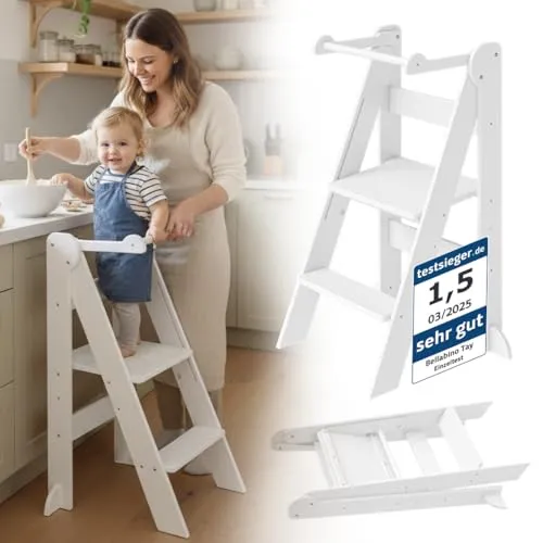 Bellabino Lernturm Tay klappbar – Montessori-Lernturm für Kinder ab 1 Jahr - Trittschemel für Baby- & Kleinkinderzimmer, klappbar und umwandelbar in Tritthocker, 2-fach höhenverstellbar für optimale Nutzung und hohe Stabilität bis 50 kg.