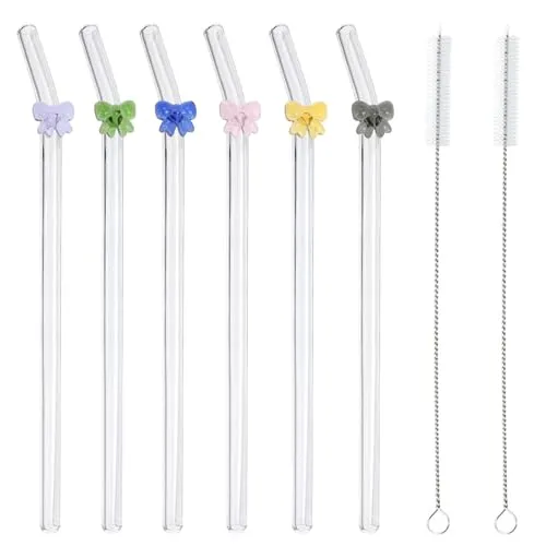 Strohhalme aus Glas Wiederverwendbare Strohhalme aus gebogenem Glas Bruchfestes, gebogenes Strohhalm-Design mit bunten Blumen Perfekt für Smoothies, Tee, Saft, Kaffee, Milchshakes (Bow)