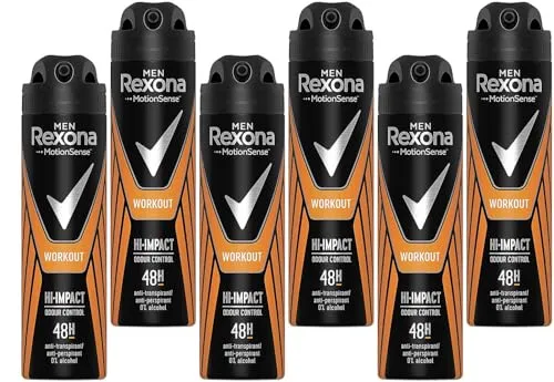 6x Rexona Men WORKOUT HI-IMPACT Anti-Transpirant ohne Alkohol Spray, 48H 150ml (6er Pack)