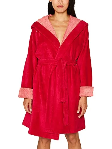 Esprit Damenbademantel Cosy, Kurzform in Rot - Bademantel aus weicher Microfaser, ideal für Sauna & Spa, mit Kapuze und Gürtel, in Größe XS für perfekten Tragekomfort.
