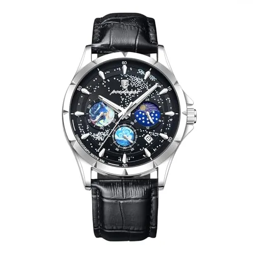 JewelryWe Herrenuhr Echtleder Uhr Herren: 30m Wasserdicht Chronograph Kalender Analog Quarz Armbanduhr Männer Schwarz Leder Armband Multifunktionale Uhr mit Leuchtzeiger und Sternenhimmel Zifferblatt