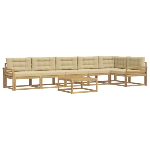 vidaXL 7-teiliges Outdoor-Sofagarnitur Set in Weiß und Beige - Die elegante 7-teilige Outdoor-Sofagarnitur aus robustem Akazienholz verleiht deinem Garten modernen Stil. Mit bequemen Kissen und modularer Anordnung ist sie perfekt für gesellige Abende im Freien.