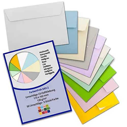 Briefumschläge - Farbenmix-Paket 2 - DIN C6-114 x 162 mm - Kuverts mit Haftklebung ohne Fenster für Gruß-Karten & Einladungen - Serie FarbenFroh 50