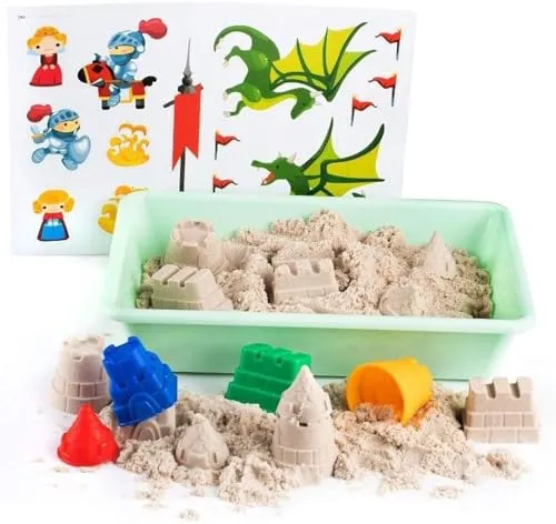 Genio Kids Magic Sand Castle Set - 1 kg Knetsand, 4 Sandknete Burgenförmchen Zubehör - Magischer Knete Sand Geschenke für Kinder, Mädchen und Jungen (new)