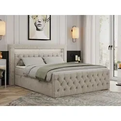 Boxspringbett 160x200 mit LED und Bettkasten - GOLD-9 - Stylisches Polsterbett mit LED-Kopfteil, inklusive 7-Zonen-Taschenfederkernmatratzen und praktischem Bettkasten für zusätzlichen Stauraum.