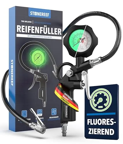 Reifenfüller mit Nachtsicht-Manometer [inkl. Adapter & Ersatzkappen] | Luftdruckprüfer für Kompressor, Auto & Fahrrad