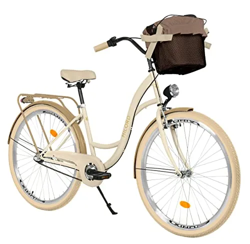 MILORD Damenfahrrad Citybike Komfort 28 Zoll – Vintage Hollandrad mit Metallkorb - Robustes Citybike mit 3 Gängen und stabiler Bauweise. Ideal für den täglichen Pendelverkehr und Fahrten in der Stadt. 90 % vormontiert für schnellen Fahrspaß!