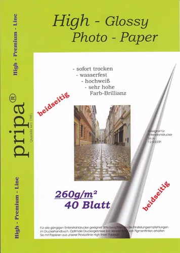 PRIPA Fotopapier 40 Blatt DIN A4 (ca. 210-297mm) 260g/m² glossy beidseitig dick!