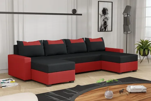 HEDVIG LUX Wohnlandschaft Schlafsofa - Moderne Wohnlandschaft für bis zu 6 Personen, mit hochwertigem Stoffbezug in Rot-Schwarz und optimaler Sitzhöhe für höchsten Komfort im Wohnzimmer.