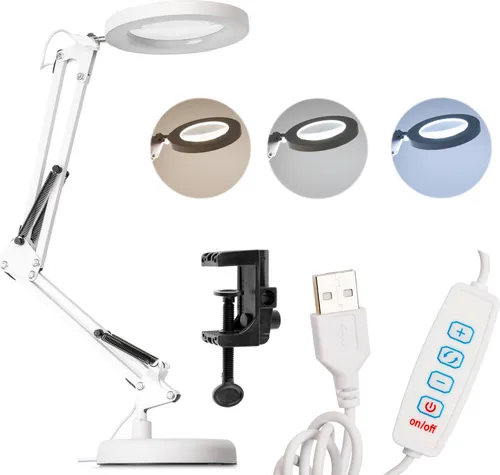 LUMILED LED 8W Schreibtischlampe Weiß Lupenlampe Dimmbar 3x Vergrößerung Lupe Farbwechsel CCT 3000/4500/6000K USB-C Schwenkarm Tischklemme 400lm Schwenkarm mit Licht und Ständer USB Arbeitsplatzlampe Glaslinse Kosmetiklampe Basteln Lesen