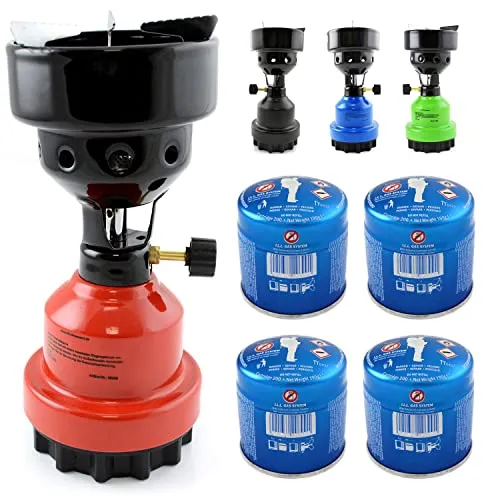 nean moderner Gas Campingkocher für Gaskartuschen/Stechkartuschen Gaskocher Gasbrenner Shishabrenner Shisha Kohleanzünder Anzünder Kartuschenkocher + 4 Gas-Kartuschen (Rot)