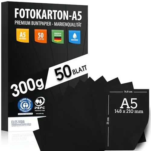 Blatt SCHWARZER Bastelkarton 300g/m² – Fotokarton A5 - PREMIUM PAPIER Tiefschwarz - DIN A5 - Druckerpapier Schwarz unbedruckt für Fotografie, Präsentationen, Basteln, Karton - MADE IN GERMANY 50