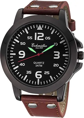 Eichmüller Quarzuhr RE1006 - 45 mm Fliegeruhr mit braunem Lederband - Armbanduhren mit elegantem, sportlichem Design und wasserdichter Quarz-Technologie, ideal für stilbewusste Männer.