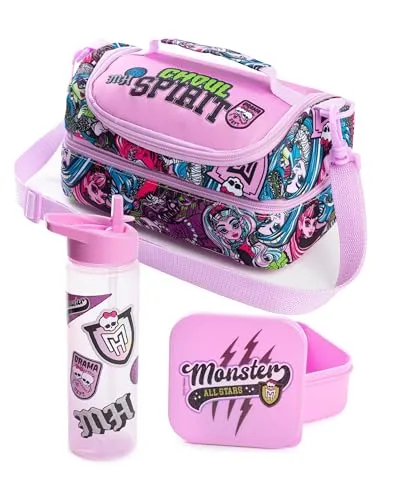 Monster High Pinke Ghoul Spirit Lunchtasche für Mädchen | Farbenfrohes Set mit Snackbehälter und Flasche | Verstellbarer Riemen und Tragegriff | Cartoon-Accessoires für den Schulanfang
