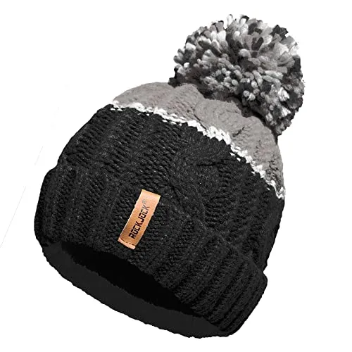 Unisex Herren Damen Warm Winter Chunky Color Block Ski Bommel Bommelmütze mit Kuscheligem Thermo Teddy Fleece Liner