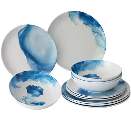 Melamin Geschirrset für 4 Personen - 12 Teile Elegante Steingut Optik in Weiss-blau Essgeschirr Geschirrset Tafelgeschirr Spülmaschinengeeignet Tableware Outdoor Camping