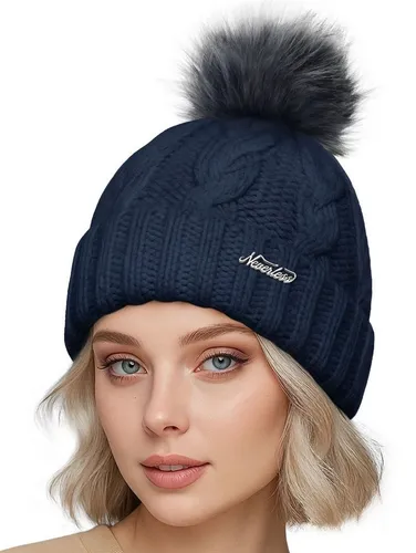 Neverless Strickmütze Damen Strickmütze mit Fleecefutter und Kunstfell Bommel Zopfmuster