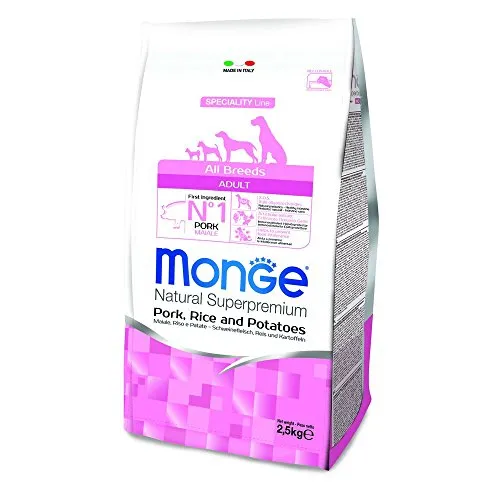 Monge Hund Adult Alle Rassen - Schwein, Reis & Kartoffel 2,5 KG - Hundefutter für alle Rassen: Hochwertiges Trockenfutter mit leckerem Schweinefleisch, reich an Ballaststoffen und Vitaminen für ein gesundes und glänzendes Fell.